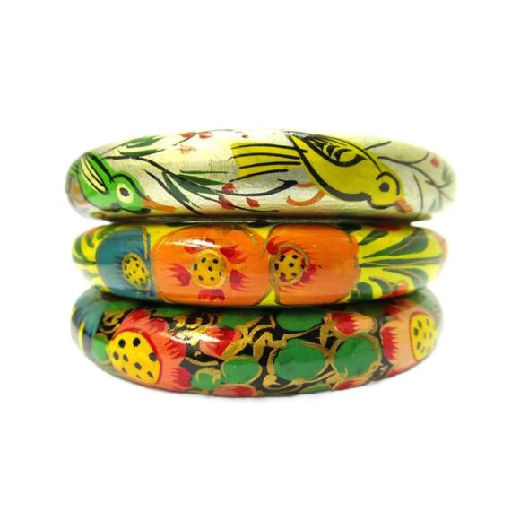 Vintage Hand Painted Wood Bangle Bracelets, Set of 5 - Picture 9 of 10